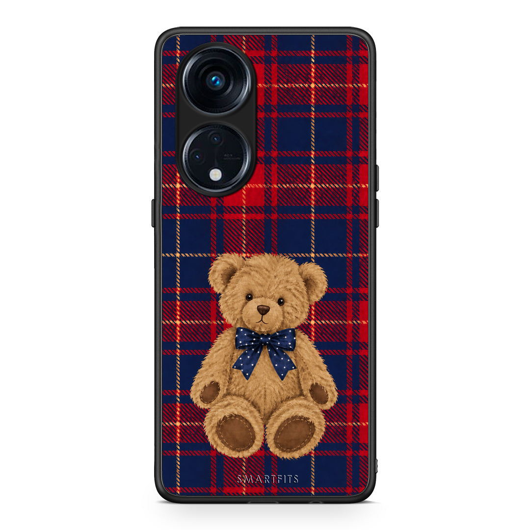Θήκη Oppo Reno8T 5G / A1 Pro Teddy Bear on Red and Navy Tartan από τη Smartfits με σχέδιο στο πίσω μέρος και μαύρο περίβλημα | Oppo Reno8T 5G / A1 Pro Teddy Bear on Red and Navy Tartan case with colorful back and black bezels
