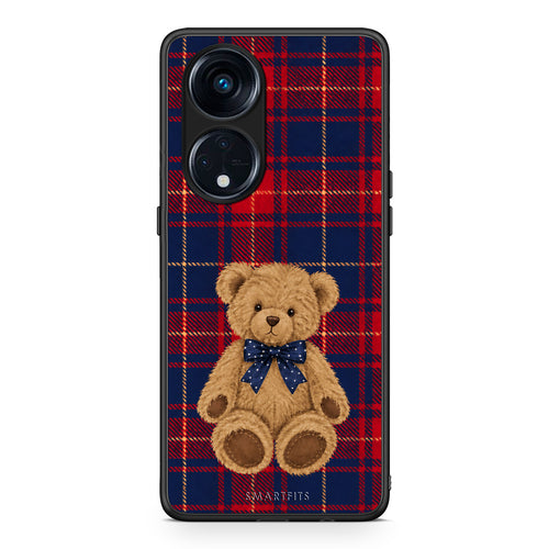 Θήκη Oppo Reno8T 5G / A1 Pro Teddy Bear on Red and Navy Tartan από τη Smartfits με σχέδιο στο πίσω μέρος και μαύρο περίβλημα | Oppo Reno8T 5G / A1 Pro Teddy Bear on Red and Navy Tartan case with colorful back and black bezels