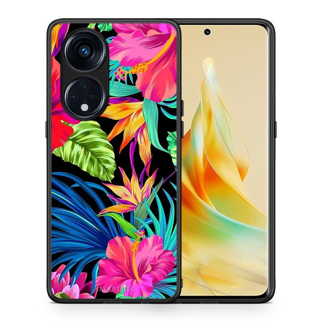 Θήκη Oppo A98 Tropical Flowers από τη Smartfits με σχέδιο στο πίσω μέρος και μαύρο περίβλημα | Oppo A98 Tropical Flowers Case with Colorful Back and Black Bezels