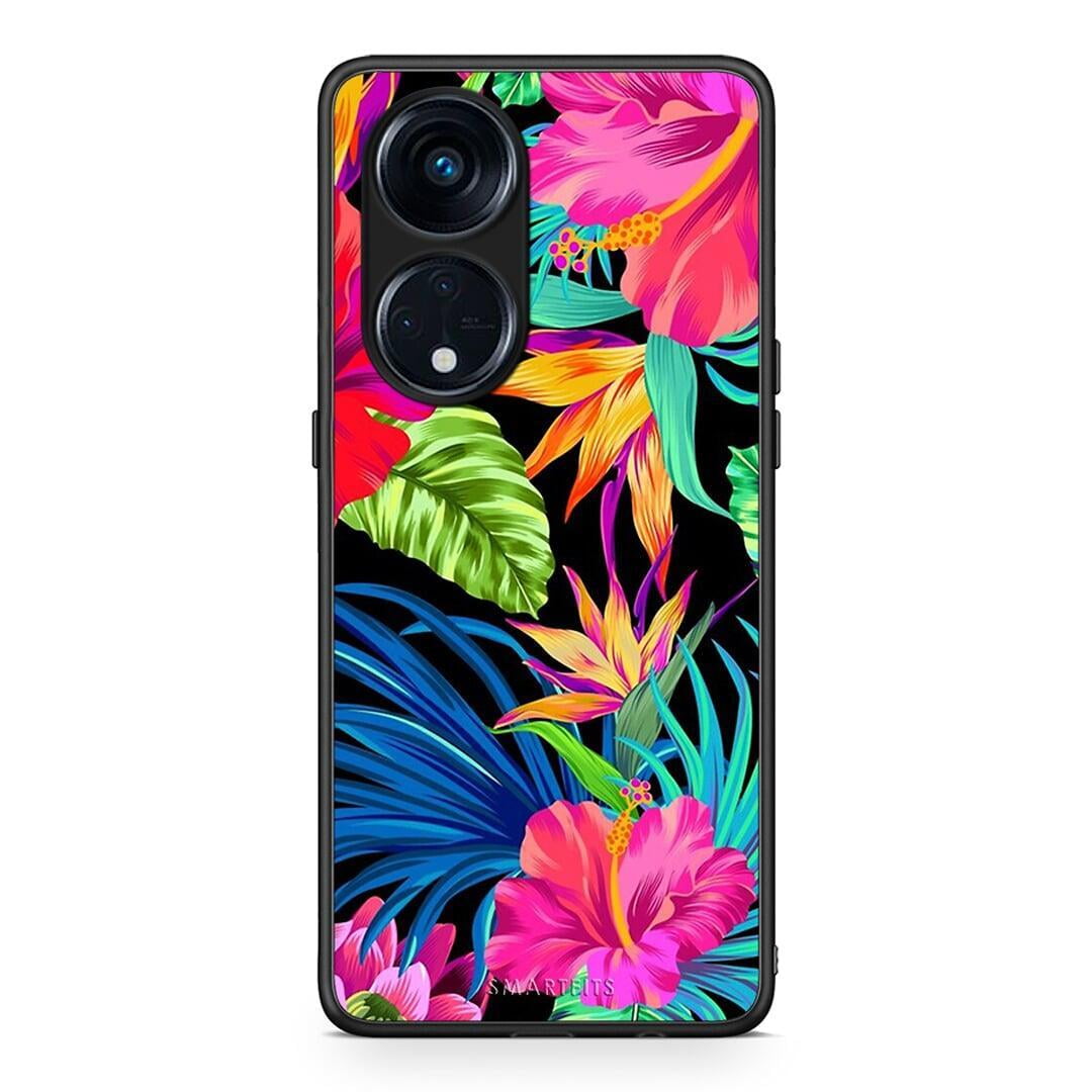 Θήκη Oppo A98 Tropical Flowers από τη Smartfits με σχέδιο στο πίσω μέρος και μαύρο περίβλημα | Oppo A98 Tropical Flowers Case with Colorful Back and Black Bezels