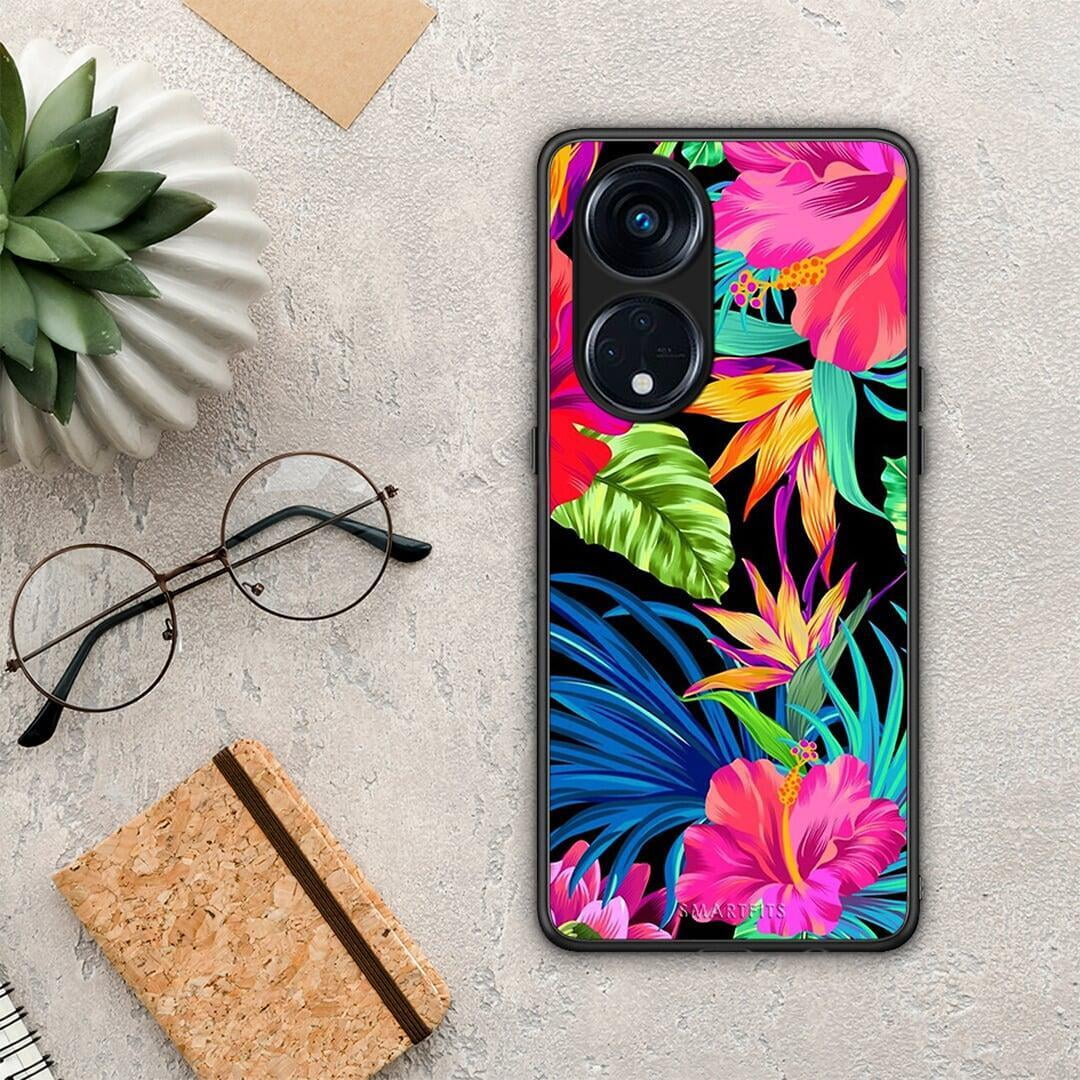 Θήκη Oppo A98 Tropical Flowers από τη Smartfits με σχέδιο στο πίσω μέρος και μαύρο περίβλημα | Oppo A98 Tropical Flowers Case with Colorful Back and Black Bezels