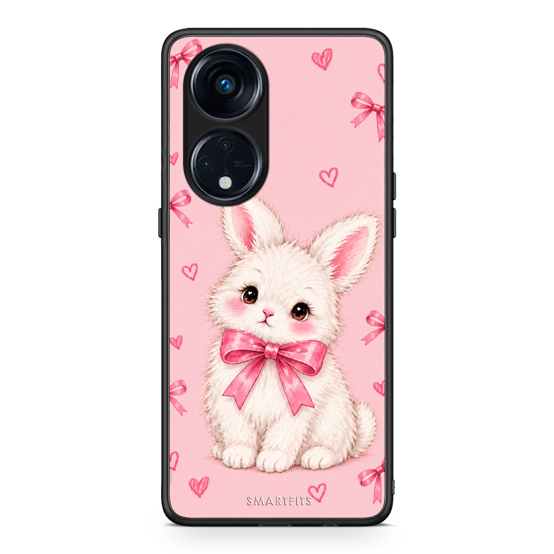 Θήκη Oppo Reno8T 5G / A1 Pro White Bunny and Pink Bows από τη Smartfits με σχέδιο στο πίσω μέρος και μαύρο περίβλημα | Oppo Reno8T 5G / A1 Pro White Bunny and Pink Bows case with colorful back and black bezels