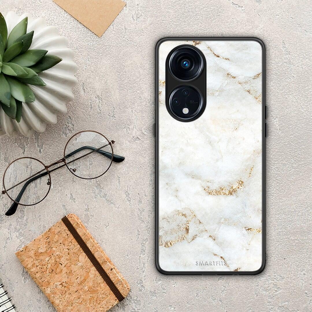 Θήκη Oppo A98 White Gold Marble από τη Smartfits με σχέδιο στο πίσω μέρος και μαύρο περίβλημα | Oppo A98 White Gold Marble Case with Colorful Back and Black Bezels