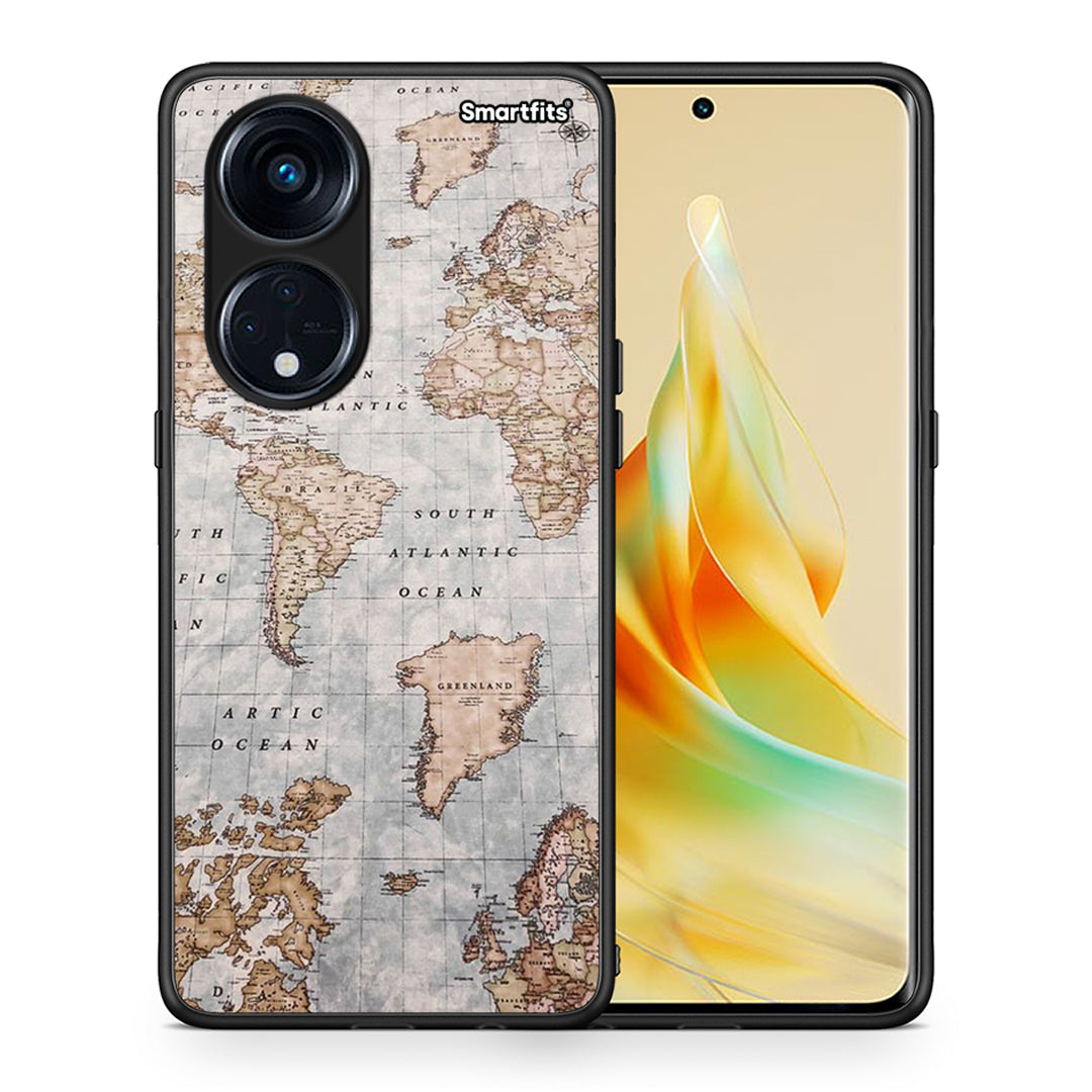 Θήκη Oppo A98 World Map από τη Smartfits με σχέδιο στο πίσω μέρος και μαύρο περίβλημα | Oppo A98 World Map Case with Colorful Back and Black Bezels