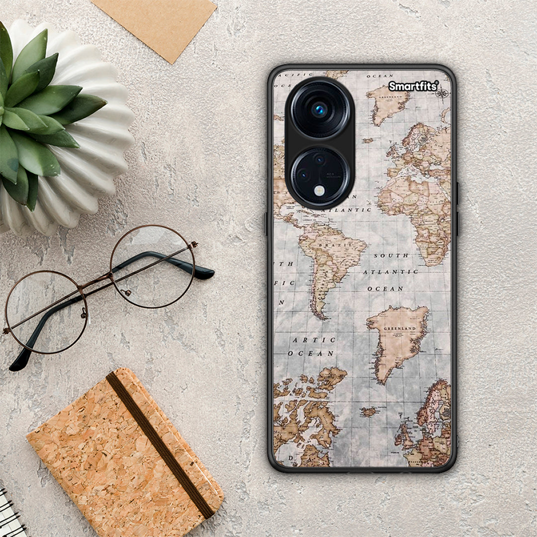 Θήκη Oppo A98 World Map από τη Smartfits με σχέδιο στο πίσω μέρος και μαύρο περίβλημα | Oppo A98 World Map Case with Colorful Back and Black Bezels