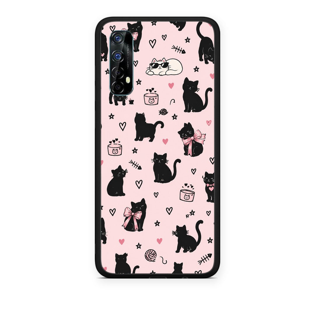 Θήκη Realme 7 Black Cat Doodles on Pink από τη Smartfits με σχέδιο στο πίσω μέρος και μαύρο περίβλημα | Realme 7 Black Cat Doodles on Pink case with colorful back and black bezels
