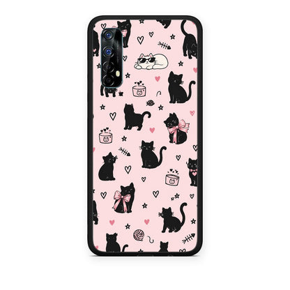 Θήκη Realme 7 Black Cat Doodles on Pink από τη Smartfits με σχέδιο στο πίσω μέρος και μαύρο περίβλημα | Realme 7 Black Cat Doodles on Pink case with colorful back and black bezels