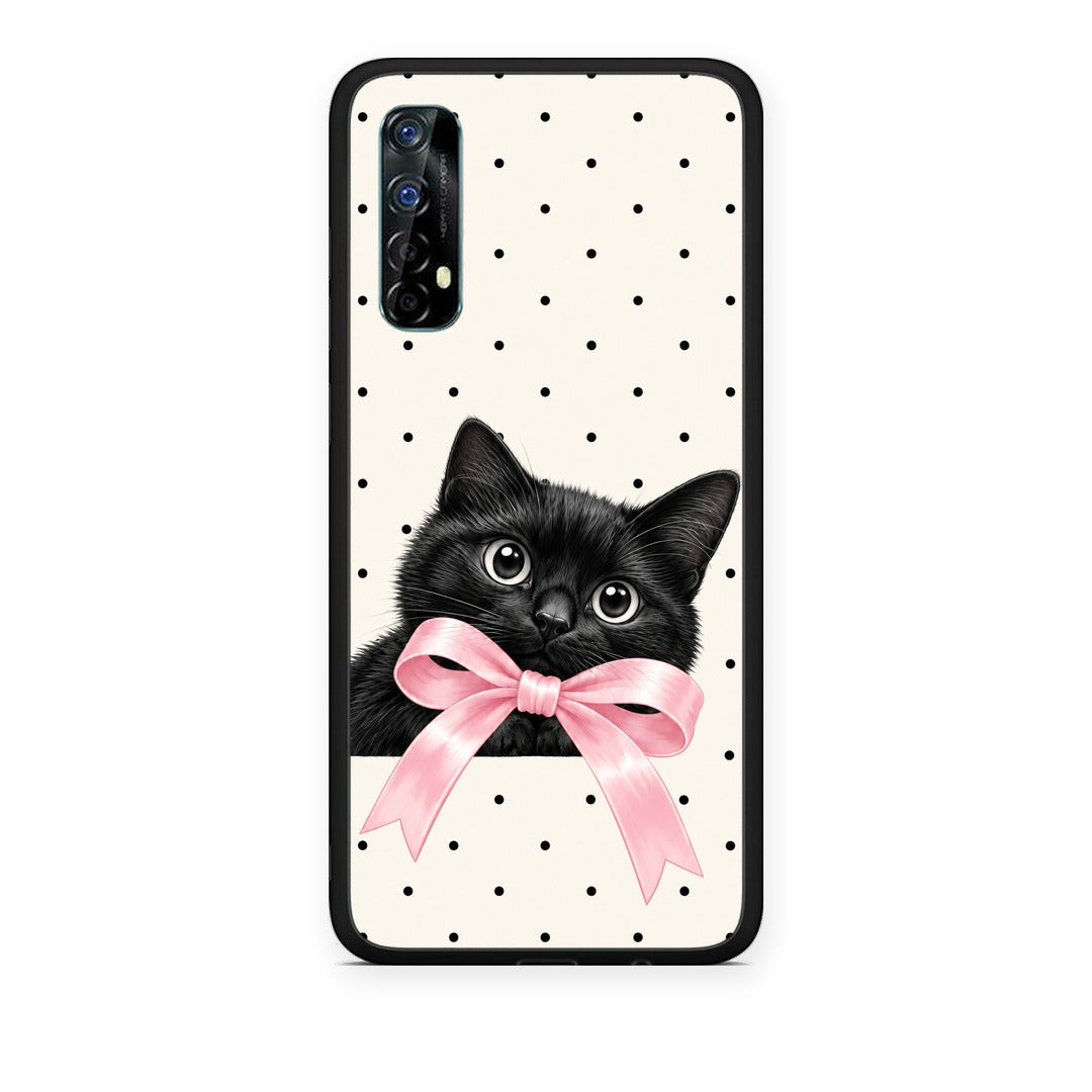 Θήκη Realme 7 Black Kitten Pink Bow and Polka Dots από τη Smartfits με σχέδιο στο πίσω μέρος και μαύρο περίβλημα | Realme 7 Black Kitten Pink Bow and Polka Dots case with colorful back and black bezels