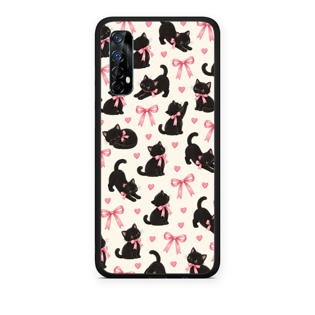 Θήκη Realme 7 Black Kittens and Pink Bows on Cream Small από τη Smartfits με σχέδιο στο πίσω μέρος και μαύρο περίβλημα | Realme 7 Black Kittens and Pink Bows on Cream Small case with colorful back and black bezels