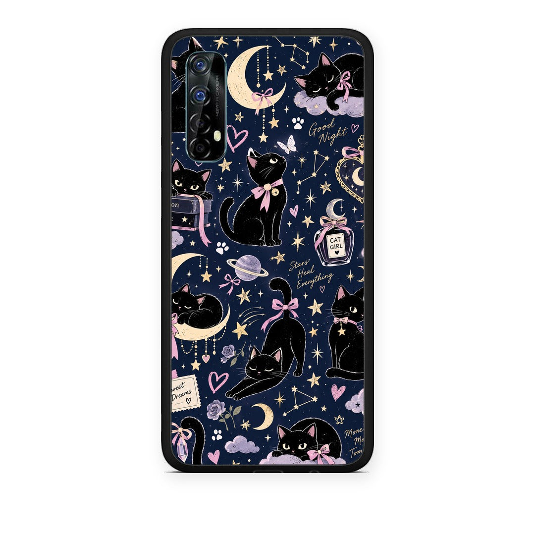 Θήκη Realme 7 Celestial Black Cats on Navy από τη Smartfits με σχέδιο στο πίσω μέρος και μαύρο περίβλημα | Realme 7 Celestial Black Cats on Navy case with colorful back and black bezels