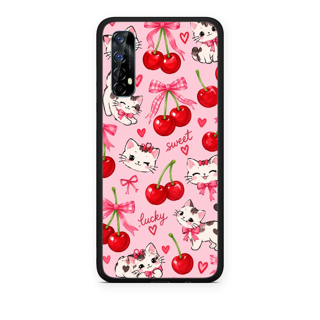 Θήκη Realme 7 Cherries Bows and Kittens on Pink από τη Smartfits με σχέδιο στο πίσω μέρος και μαύρο περίβλημα | Realme 7 Cherries Bows and Kittens on Pink case with colorful back and black bezels