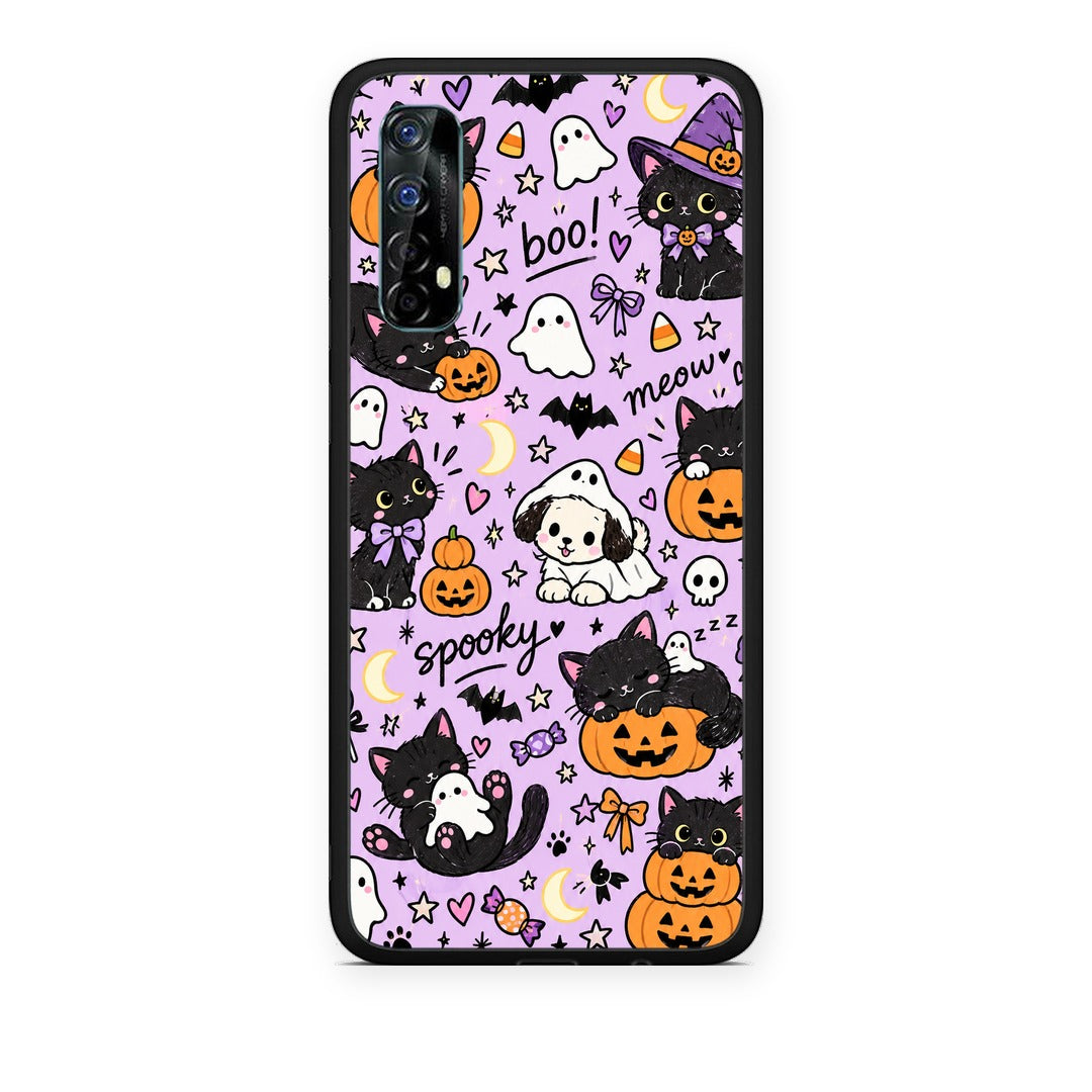 Θήκη Realme 7 Halloween Black Cats on Lilac από τη Smartfits με σχέδιο στο πίσω μέρος και μαύρο περίβλημα | Realme 7 Halloween Black Cats on Lilac case with colorful back and black bezels