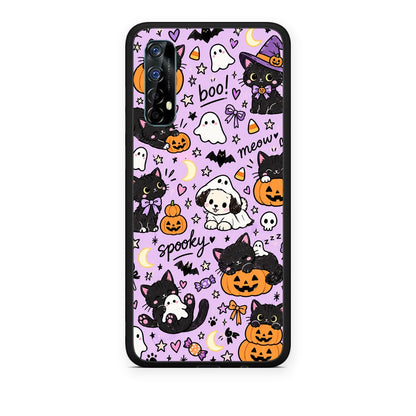 Θήκη Realme 7 Halloween Black Cats on Lilac από τη Smartfits με σχέδιο στο πίσω μέρος και μαύρο περίβλημα | Realme 7 Halloween Black Cats on Lilac case with colorful back and black bezels
