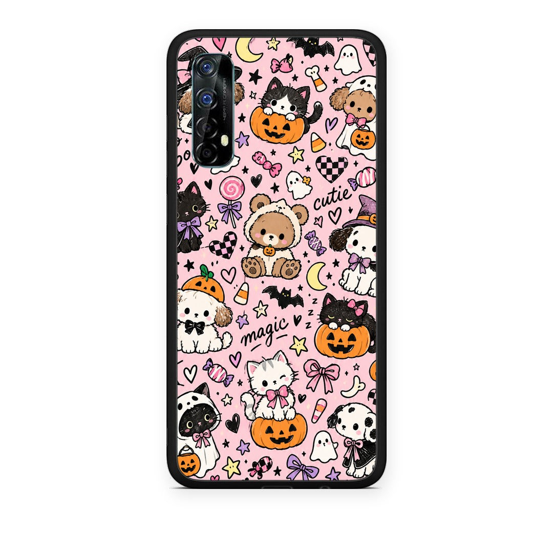 Θήκη Realme 7 Halloween Cute Animals on Pink από τη Smartfits με σχέδιο στο πίσω μέρος και μαύρο περίβλημα | Realme 7 Halloween Cute Animals on Pink case with colorful back and black bezels
