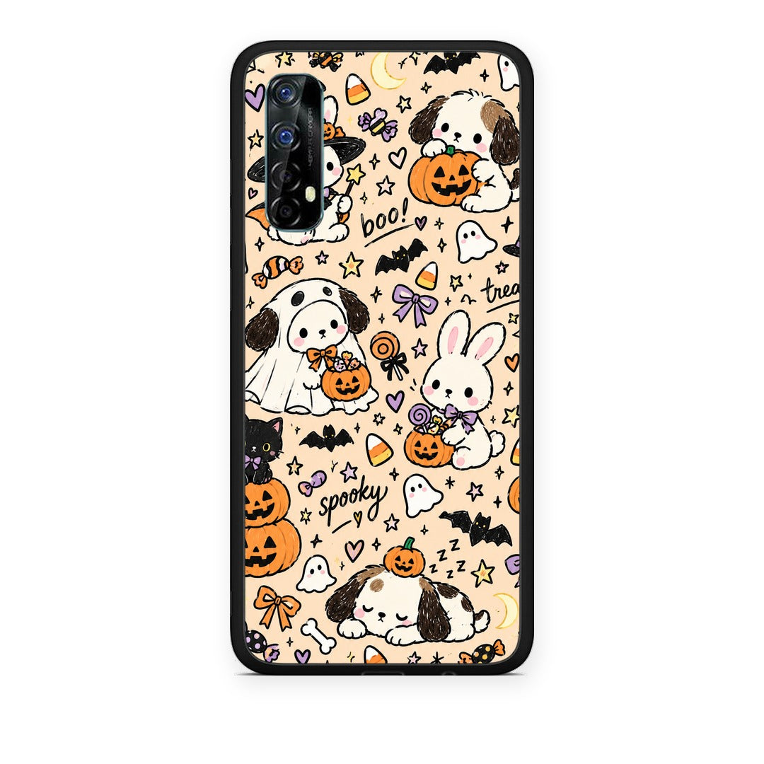 Θήκη Realme 7 Halloween Puppies and Friends on Cream από τη Smartfits με σχέδιο στο πίσω μέρος και μαύρο περίβλημα | Realme 7 Halloween Puppies and Friends on Cream case with colorful back and black bezels