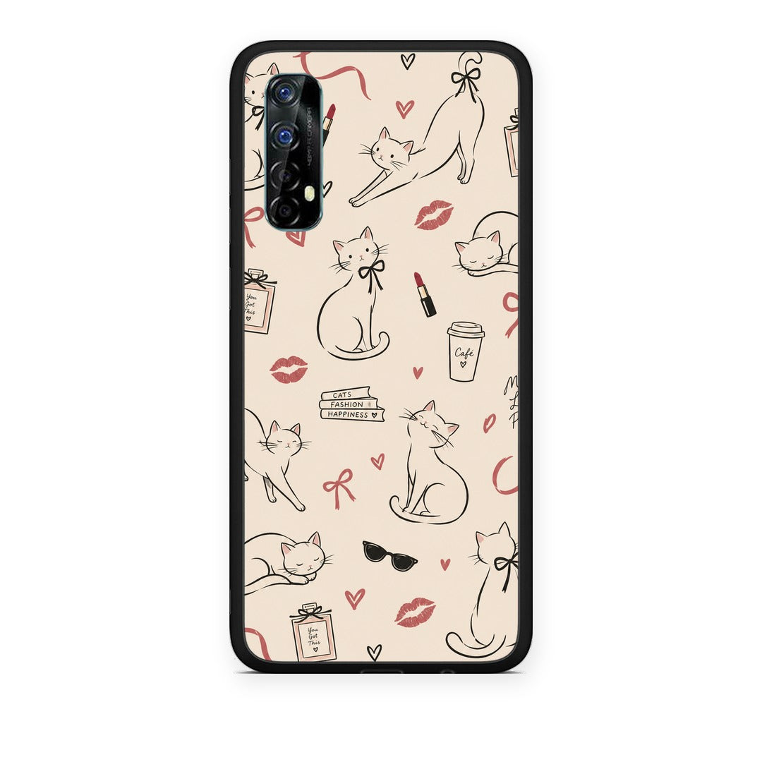 Θήκη Realme 7 Minimal Cat and Fashion Doodles on Cream από τη Smartfits με σχέδιο στο πίσω μέρος και μαύρο περίβλημα | Realme 7 Minimal Cat and Fashion Doodles on Cream case with colorful back and black bezels