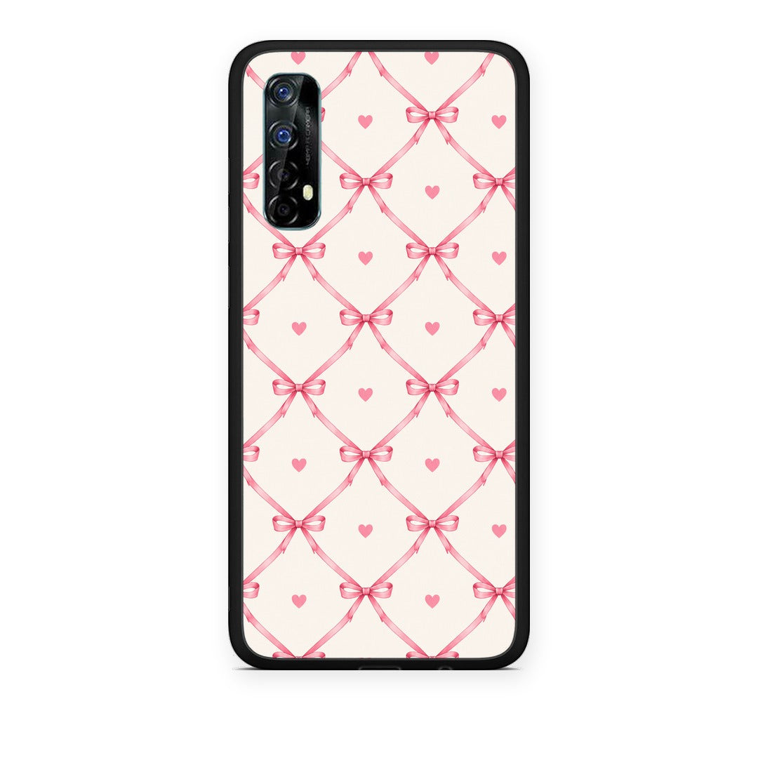 Θήκη Realme 7 Pink Bow Lattice and Hearts on Cream από τη Smartfits με σχέδιο στο πίσω μέρος και μαύρο περίβλημα | Realme 7 Pink Bow Lattice and Hearts on Cream case with colorful back and black bezels
