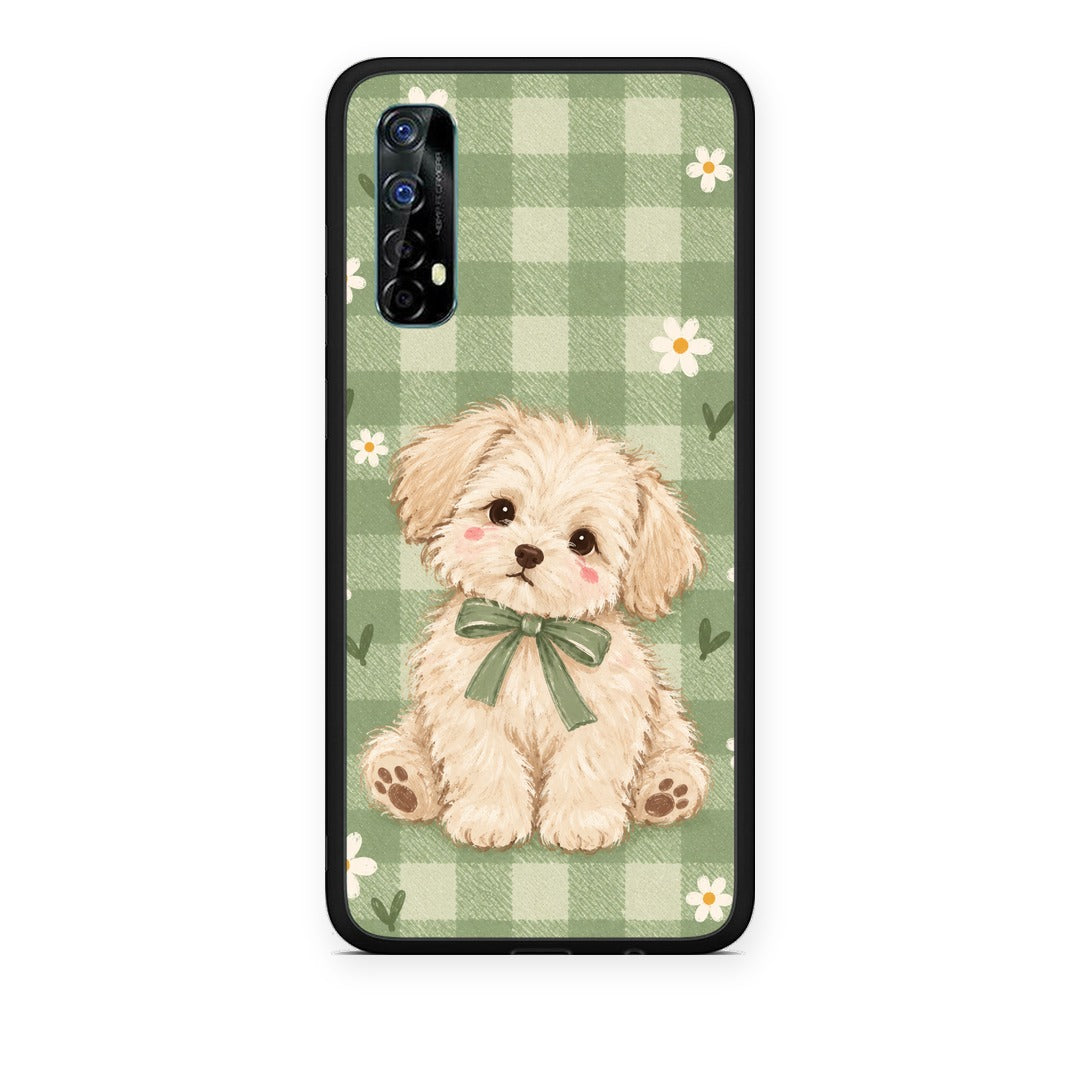 Θήκη Realme 7 Puppy and Daisies on Sage Gingham από τη Smartfits με σχέδιο στο πίσω μέρος και μαύρο περίβλημα | Realme 7 Puppy and Daisies on Sage Gingham case with colorful back and black bezels