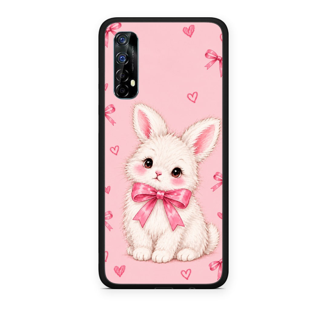 Θήκη Realme 7 White Bunny and Pink Bows από τη Smartfits με σχέδιο στο πίσω μέρος και μαύρο περίβλημα | Realme 7 White Bunny and Pink Bows case with colorful back and black bezels