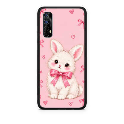 Θήκη Realme 7 White Bunny and Pink Bows από τη Smartfits με σχέδιο στο πίσω μέρος και μαύρο περίβλημα | Realme 7 White Bunny and Pink Bows case with colorful back and black bezels