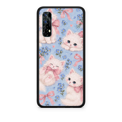 Θήκη Realme 7 White Kittens and Blue Flowers Large από τη Smartfits με σχέδιο στο πίσω μέρος και μαύρο περίβλημα | Realme 7 White Kittens and Blue Flowers Large case with colorful back and black bezels