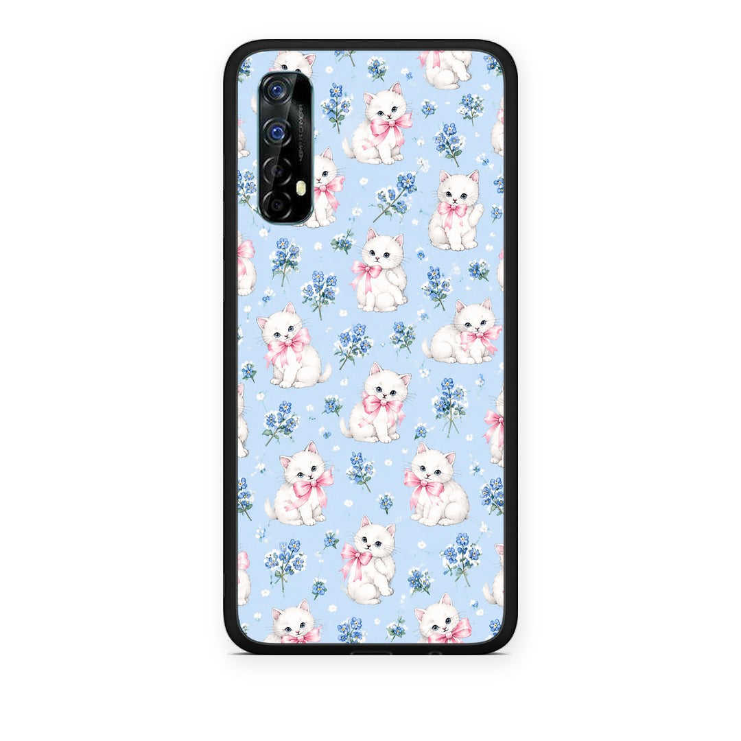 Θήκη Realme 7 White Kittens and Blue Flowers Small από τη Smartfits με σχέδιο στο πίσω μέρος και μαύρο περίβλημα | Realme 7 White Kittens and Blue Flowers Small case with colorful back and black bezels