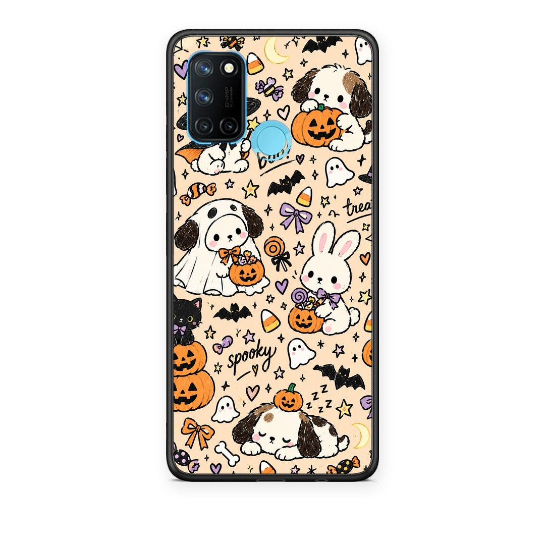 Θήκη Realme 7i / C25 Halloween Puppies and Friends on Cream από τη Smartfits με σχέδιο στο πίσω μέρος και μαύρο περίβλημα | Realme 7i / C25 Halloween Puppies and Friends on Cream case with colorful back and black bezels
