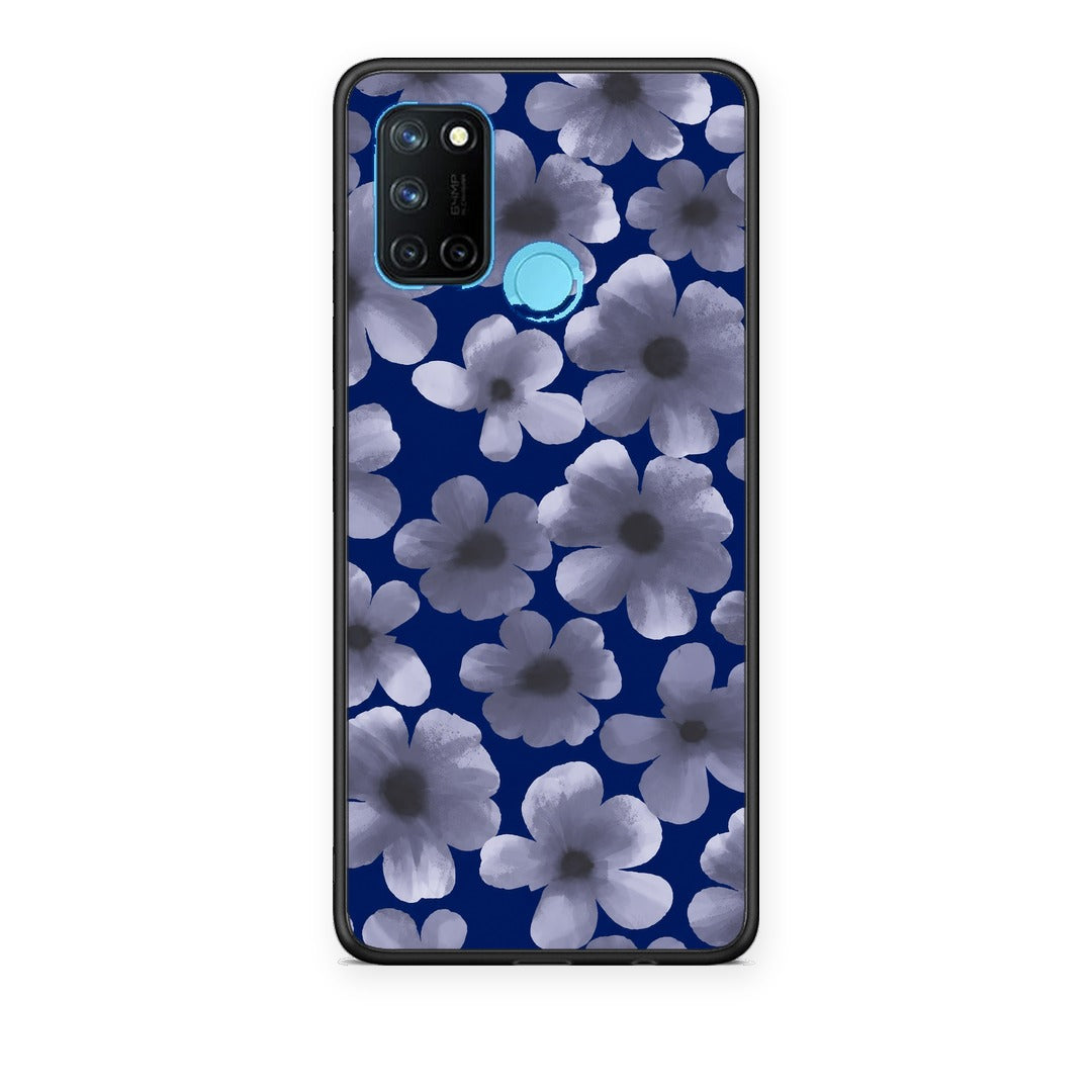 Θήκη Realme 7i / C25 Pale Blue Flowers on Navy από τη Smartfits με σχέδιο στο πίσω μέρος και μαύρο περίβλημα | Realme 7i / C25 Pale Blue Flowers on Navy case with colorful back and black bezels