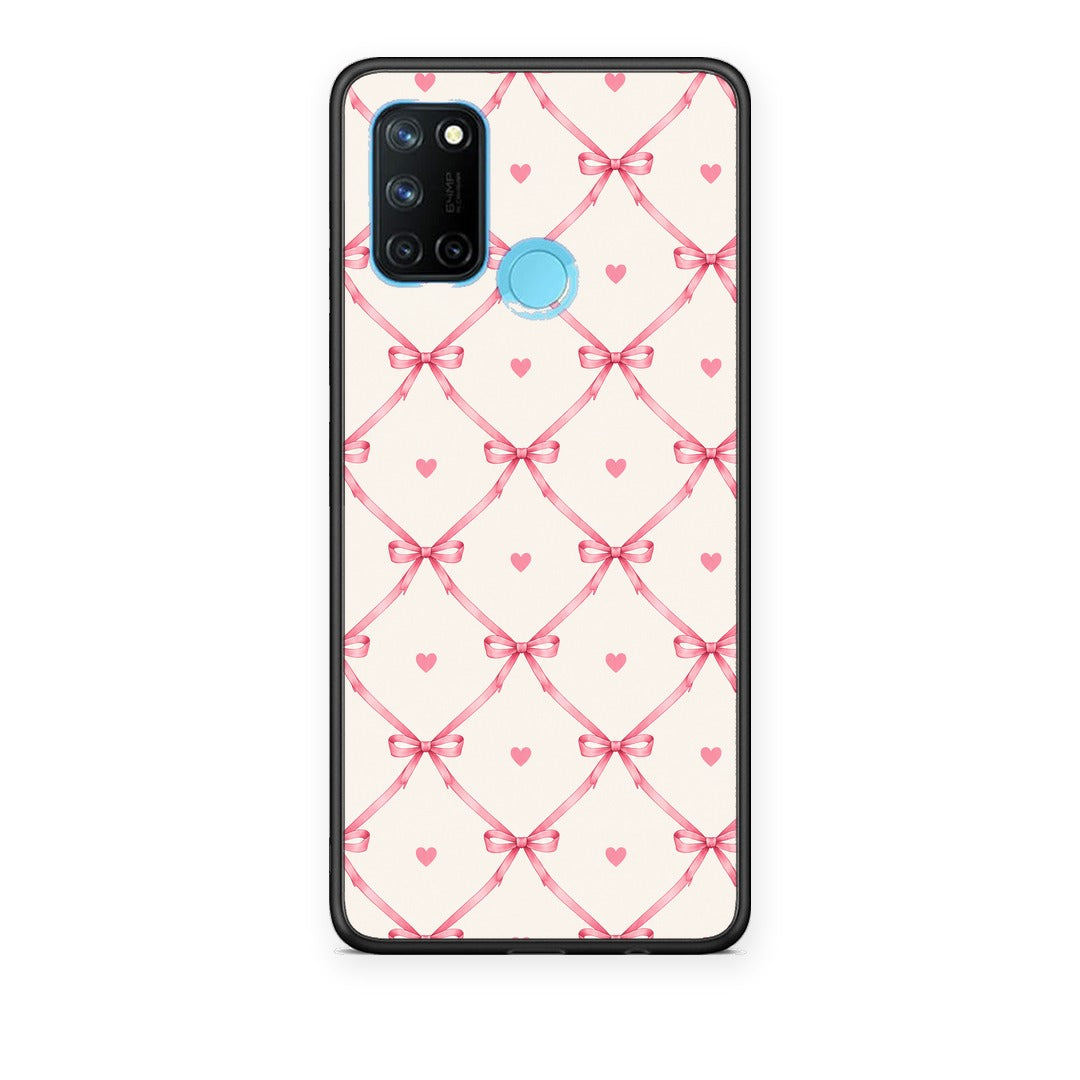Θήκη Realme 7i / C25 Pink Bow Lattice and Hearts on Cream από τη Smartfits με σχέδιο στο πίσω μέρος και μαύρο περίβλημα | Realme 7i / C25 Pink Bow Lattice and Hearts on Cream case with colorful back and black bezels