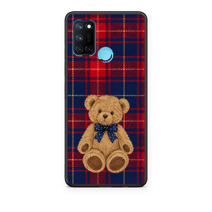 Θήκη Realme 7i / C25 Teddy Bear on Red and Navy Tartan από τη Smartfits με σχέδιο στο πίσω μέρος και μαύρο περίβλημα | Realme 7i / C25 Teddy Bear on Red and Navy Tartan case with colorful back and black bezels