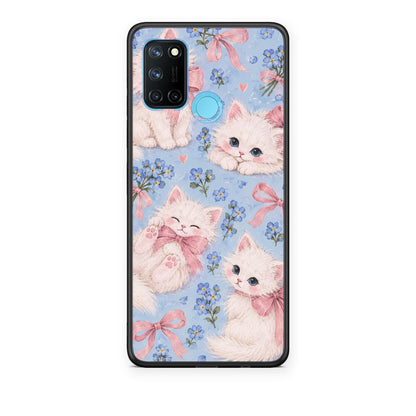 Θήκη Realme 7i / C25 White Kittens and Blue Flowers Large από τη Smartfits με σχέδιο στο πίσω μέρος και μαύρο περίβλημα | Realme 7i / C25 White Kittens and Blue Flowers Large case with colorful back and black bezels