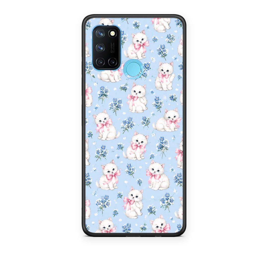 Θήκη Realme 7i / C25 White Kittens and Blue Flowers Small από τη Smartfits με σχέδιο στο πίσω μέρος και μαύρο περίβλημα | Realme 7i / C25 White Kittens and Blue Flowers Small case with colorful back and black bezels