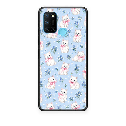 Θήκη Realme 7i / C25 White Kittens and Blue Flowers Small από τη Smartfits με σχέδιο στο πίσω μέρος και μαύρο περίβλημα | Realme 7i / C25 White Kittens and Blue Flowers Small case with colorful back and black bezels
