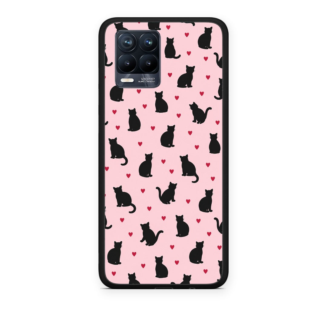 Θήκη Realme 8 / 8 Pro Black Cat Silhouettes and Hearts on Pink από τη Smartfits με σχέδιο στο πίσω μέρος και μαύρο περίβλημα | Realme 8 / 8 Pro Black Cat Silhouettes and Hearts on Pink case with colorful back and black bezels