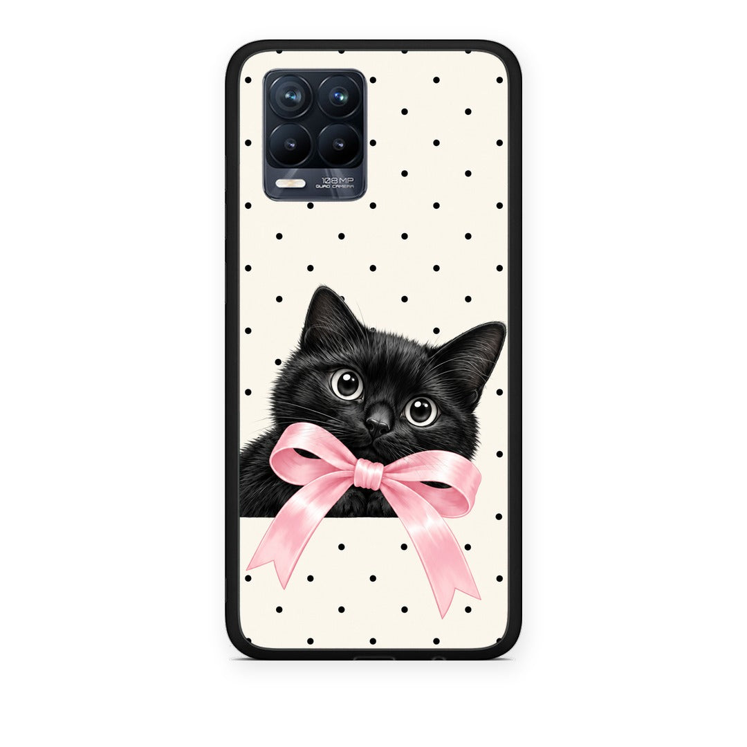 Θήκη Realme 8 / 8 Pro Black Kitten Pink Bow and Polka Dots από τη Smartfits με σχέδιο στο πίσω μέρος και μαύρο περίβλημα | Realme 8 / 8 Pro Black Kitten Pink Bow and Polka Dots case with colorful back and black bezels