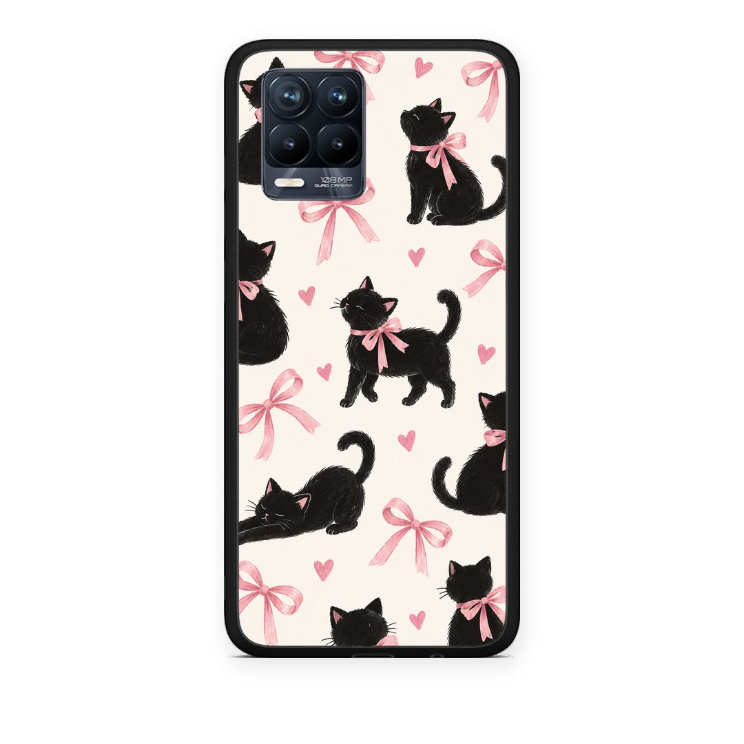 Θήκη Realme 8 / 8 Pro Black Kittens and Pink Bows on Cream Large από τη Smartfits με σχέδιο στο πίσω μέρος και μαύρο περίβλημα | Realme 8 / 8 Pro Black Kittens and Pink Bows on Cream Large case with colorful back and black bezels