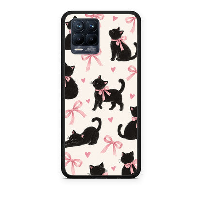 Θήκη Realme 8 / 8 Pro Black Kittens and Pink Bows on Cream Large από τη Smartfits με σχέδιο στο πίσω μέρος και μαύρο περίβλημα | Realme 8 / 8 Pro Black Kittens and Pink Bows on Cream Large case with colorful back and black bezels