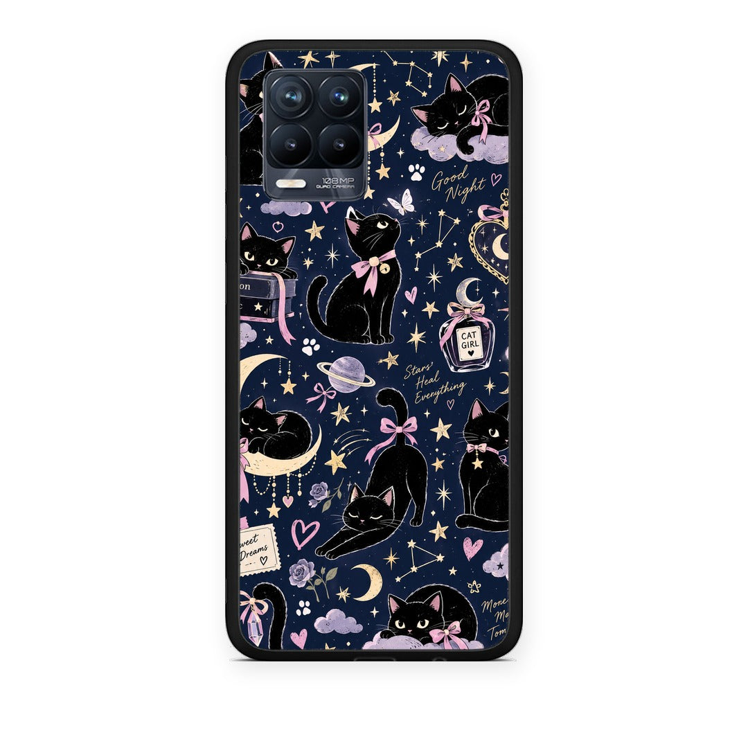 Θήκη Realme 8 / 8 Pro Celestial Black Cats on Navy από τη Smartfits με σχέδιο στο πίσω μέρος και μαύρο περίβλημα | Realme 8 / 8 Pro Celestial Black Cats on Navy case with colorful back and black bezels