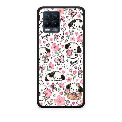 Θήκη Realme 8 / 8 Pro Pink Florals Puppies and Bunnies on White από τη Smartfits με σχέδιο στο πίσω μέρος και μαύρο περίβλημα | Realme 8 / 8 Pro Pink Florals Puppies and Bunnies on White case with colorful back and black bezels