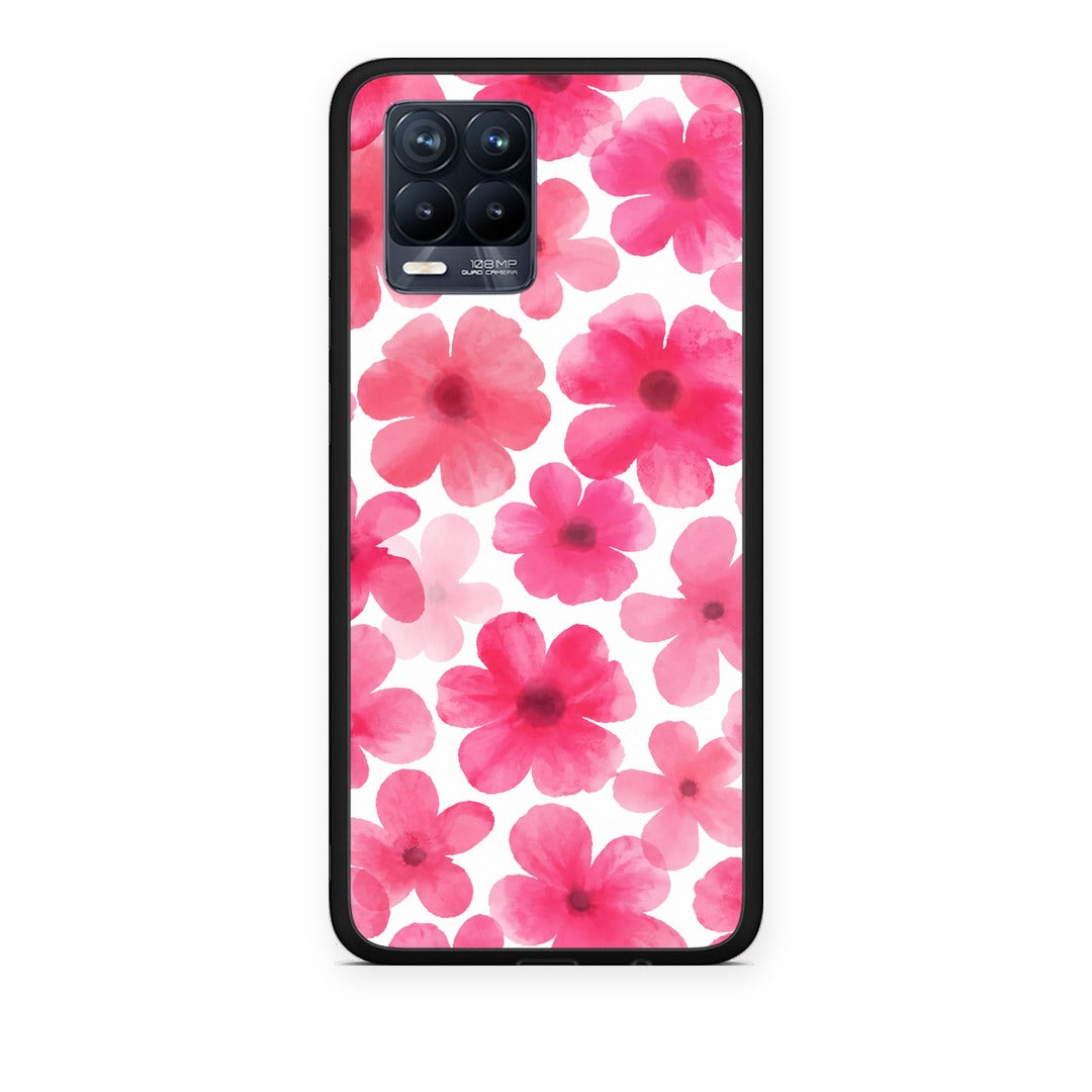 Θήκη Realme 8 / 8 Pro Pink Watercolour Flowers on White από τη Smartfits με σχέδιο στο πίσω μέρος και μαύρο περίβλημα | Realme 8 / 8 Pro Pink Watercolour Flowers on White case with colorful back and black bezels
