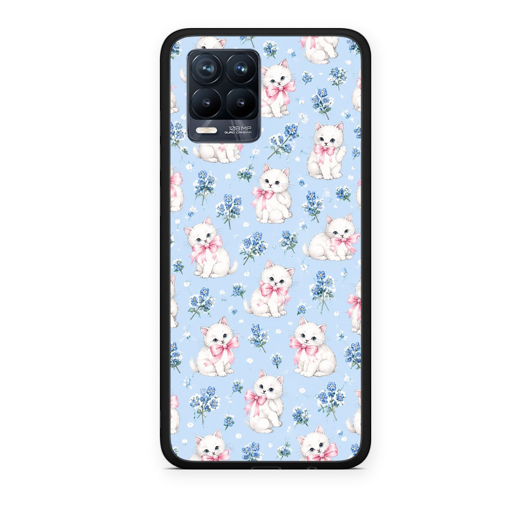 Θήκη Realme 8 / 8 Pro White Kittens and Blue Flowers Small από τη Smartfits με σχέδιο στο πίσω μέρος και μαύρο περίβλημα | Realme 8 / 8 Pro White Kittens and Blue Flowers Small case with colorful back and black bezels