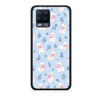 Θήκη Realme 8 / 8 Pro White Kittens and Blue Flowers Small από τη Smartfits με σχέδιο στο πίσω μέρος και μαύρο περίβλημα | Realme 8 / 8 Pro White Kittens and Blue Flowers Small case with colorful back and black bezels