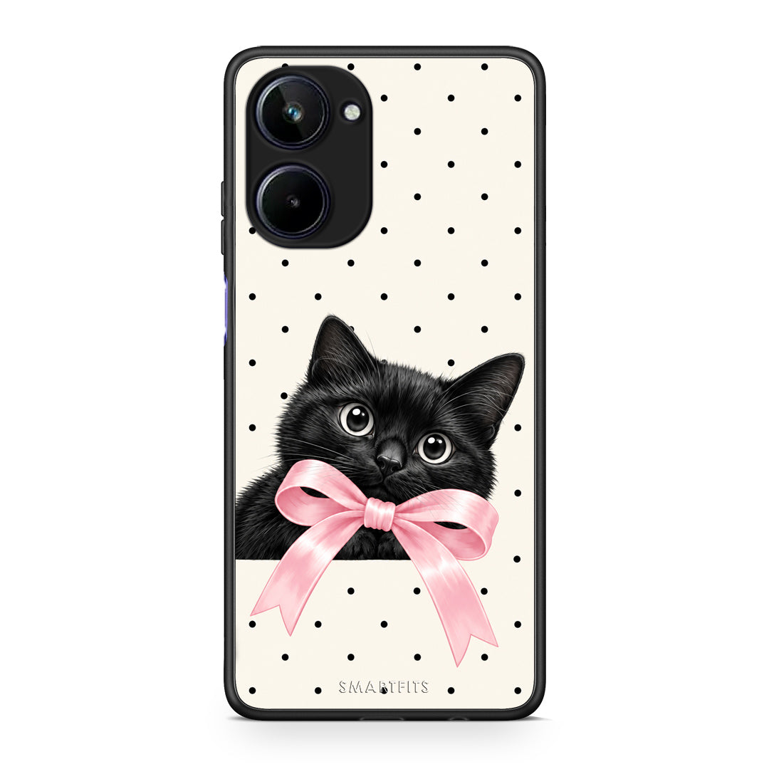 Θήκη Realme 10 Black Kitten Pink Bow and Polka Dots από τη Smartfits με σχέδιο στο πίσω μέρος και μαύρο περίβλημα | Realme 10 Black Kitten Pink Bow and Polka Dots case with colorful back and black bezels