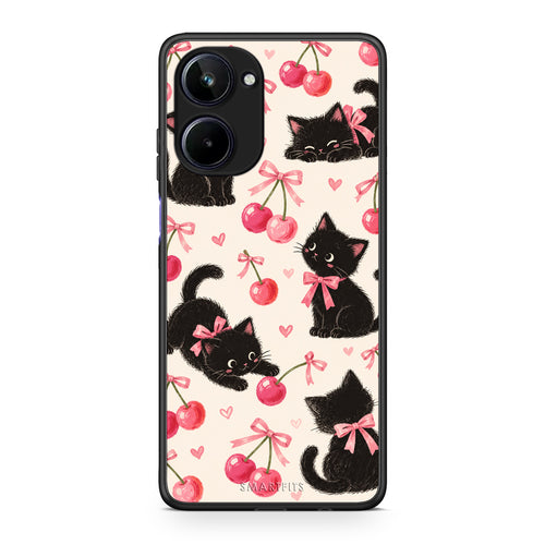 Θήκη Realme 10 Black Kittens and Cherries on Cream από τη Smartfits με σχέδιο στο πίσω μέρος και μαύρο περίβλημα | Realme 10 Black Kittens and Cherries on Cream case with colorful back and black bezels