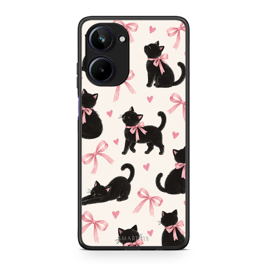 Θήκη Realme 10 Black Kittens and Pink Bows on Cream Large από τη Smartfits με σχέδιο στο πίσω μέρος και μαύρο περίβλημα | Realme 10 Black Kittens and Pink Bows on Cream Large case with colorful back and black bezels