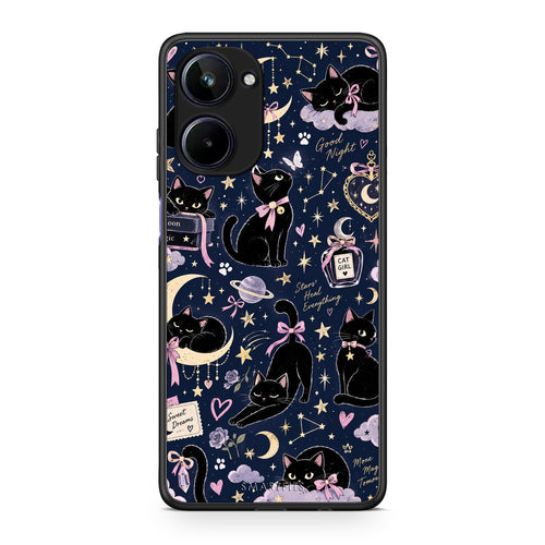 Θήκη Realme 10 Celestial Black Cats on Navy από τη Smartfits με σχέδιο στο πίσω μέρος και μαύρο περίβλημα | Realme 10 Celestial Black Cats on Navy case with colorful back and black bezels