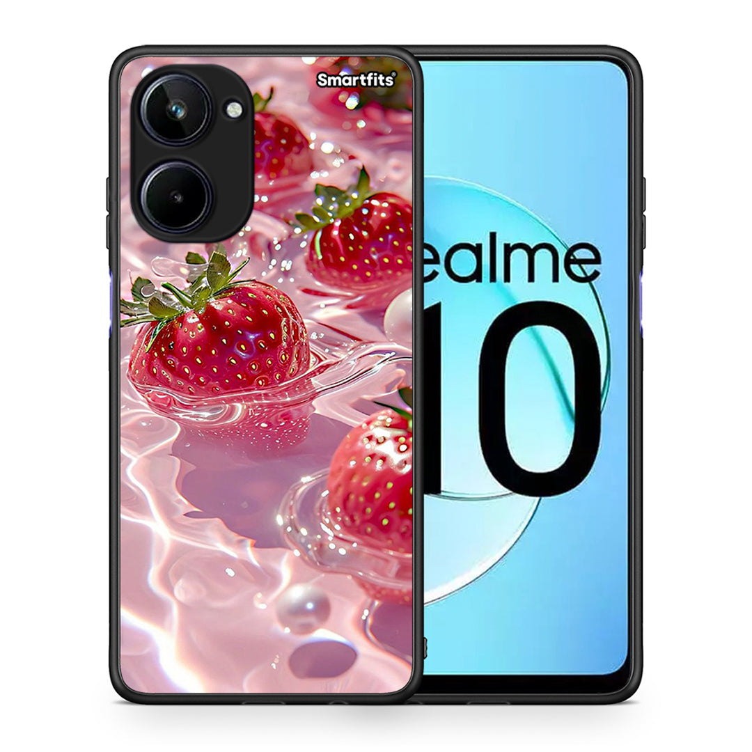 Θήκη Realme 10 Juicy Strawberries από τη Smartfits με σχέδιο στο πίσω μέρος και μαύρο περίβλημα | Realme 10 Juicy Strawberries Case with Colorful Back and Black Bezels