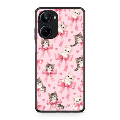 Θήκη Realme 10 Kittens and Pink Bows on Pink από τη Smartfits με σχέδιο στο πίσω μέρος και μαύρο περίβλημα | Realme 10 Kittens and Pink Bows on Pink case with colorful back and black bezels