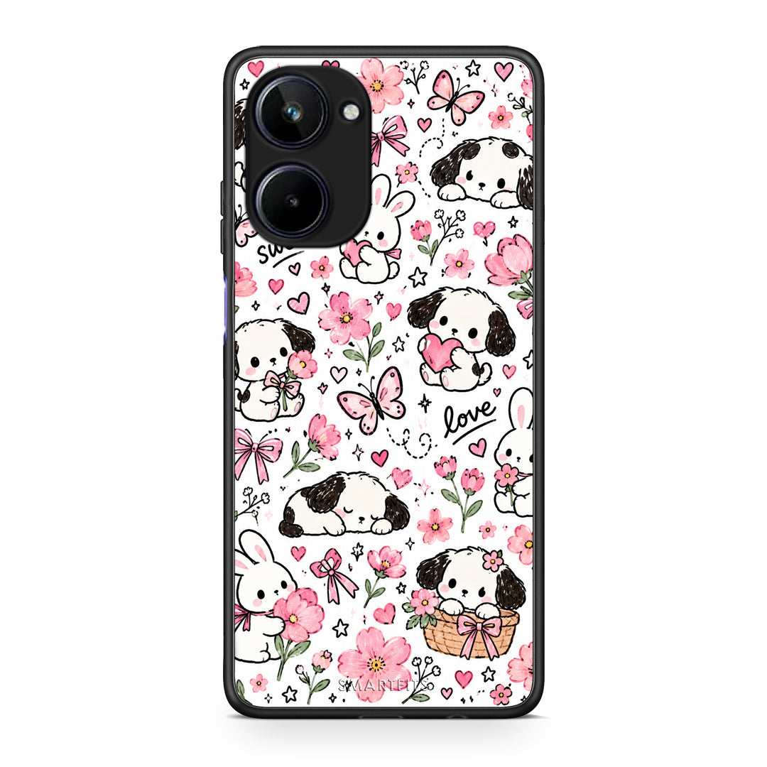Θήκη Realme 10 Pink Florals Puppies and Bunnies on White από τη Smartfits με σχέδιο στο πίσω μέρος και μαύρο περίβλημα | Realme 10 Pink Florals Puppies and Bunnies on White case with colorful back and black bezels