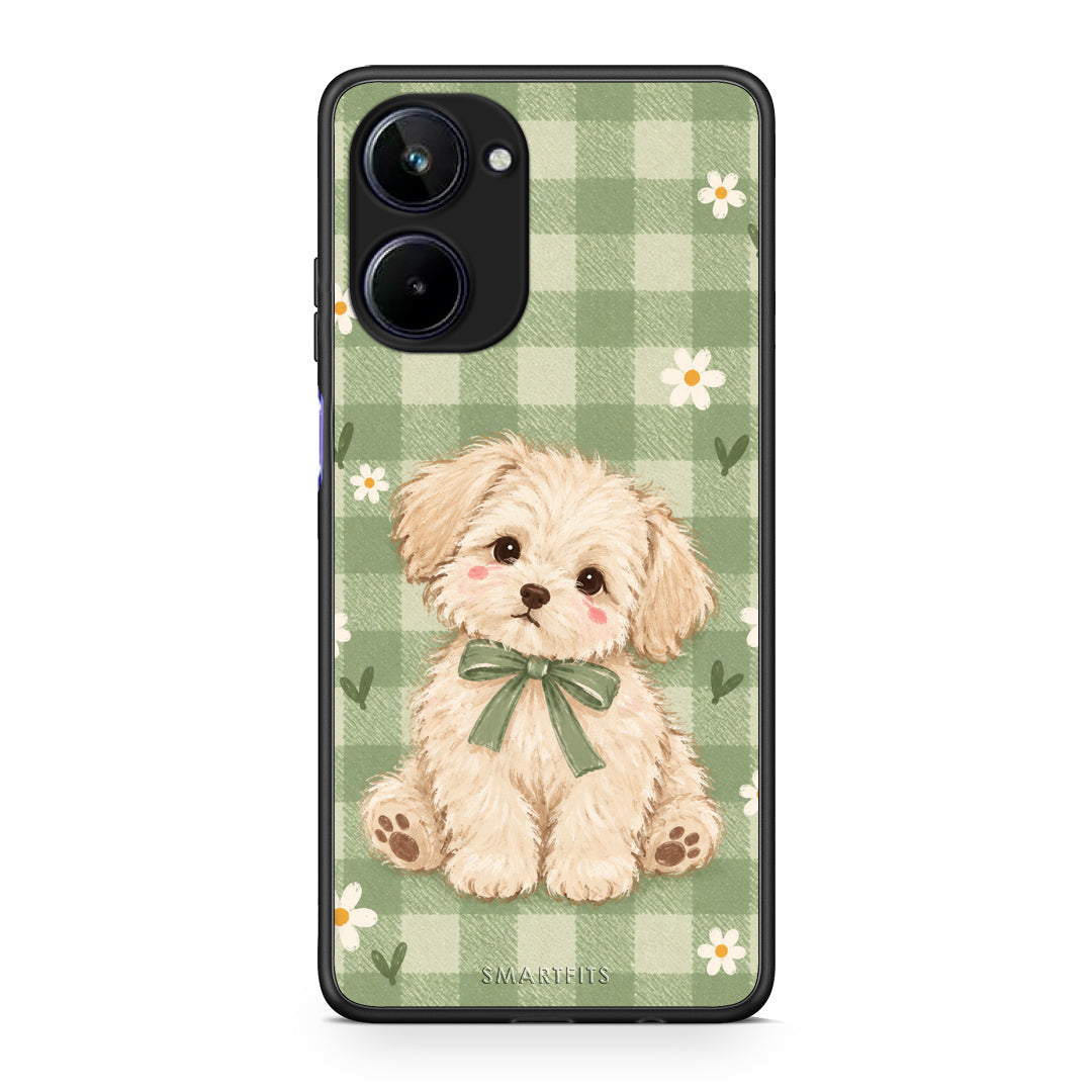 Θήκη Realme 10 Puppy and Daisies on Sage Gingham από τη Smartfits με σχέδιο στο πίσω μέρος και μαύρο περίβλημα | Realme 10 Puppy and Daisies on Sage Gingham case with colorful back and black bezels